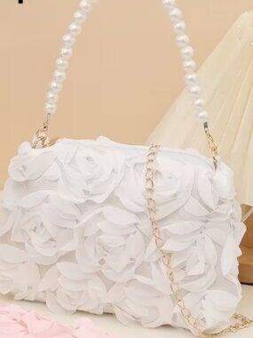 NEW White Chiffon Rose Bag w/Pearl Handle